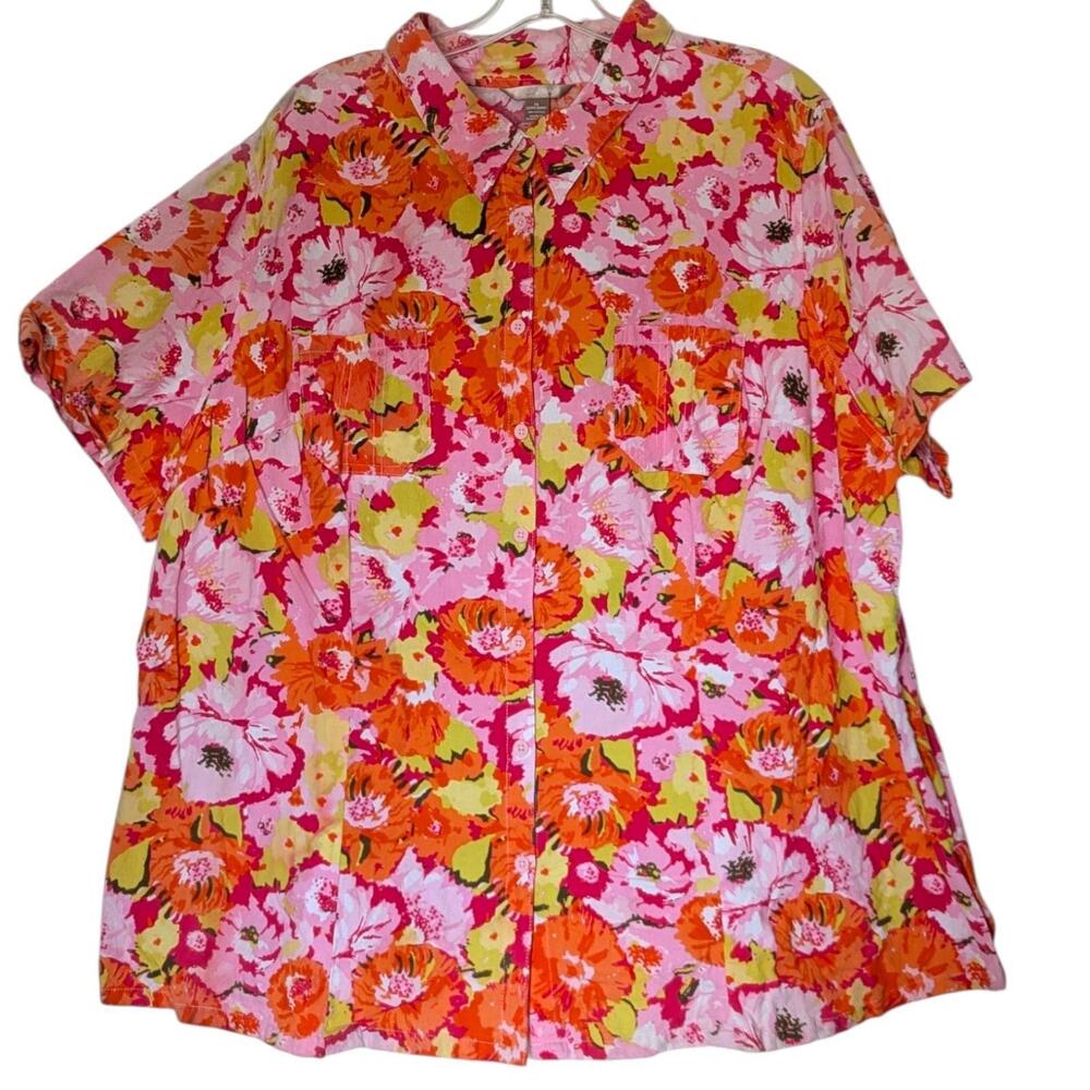 White Stag Shirt Womens 3X Pink Floral Button‎ Up Short Sleeve Cotton Plus Top
